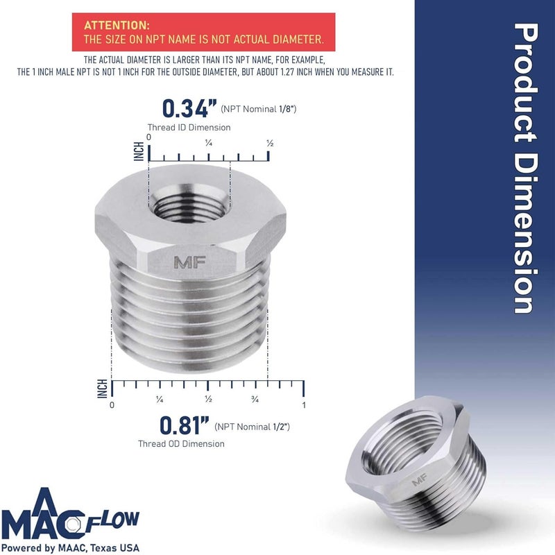MAACFLOW Stainless Steel 1/2" Male NPT to 1/8" Female NPT Adapter Reducer Hex Bushing (Thread OD 0.81" - ID 0.34") (Pack of 1) - Image 2